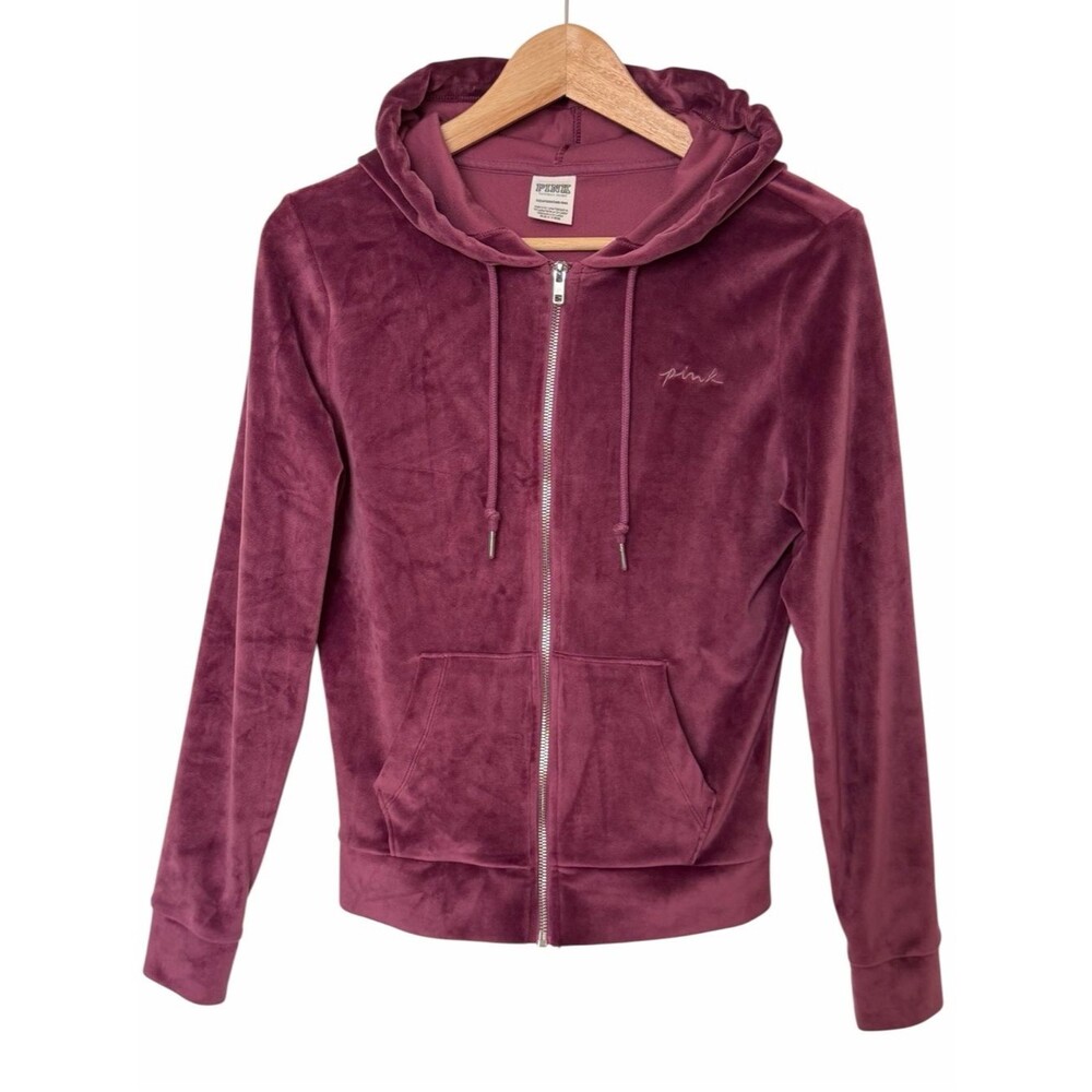 Victorias Secret PINK Womens Sz XS Purple Velour Embroidered Zip Hoodie Jacket